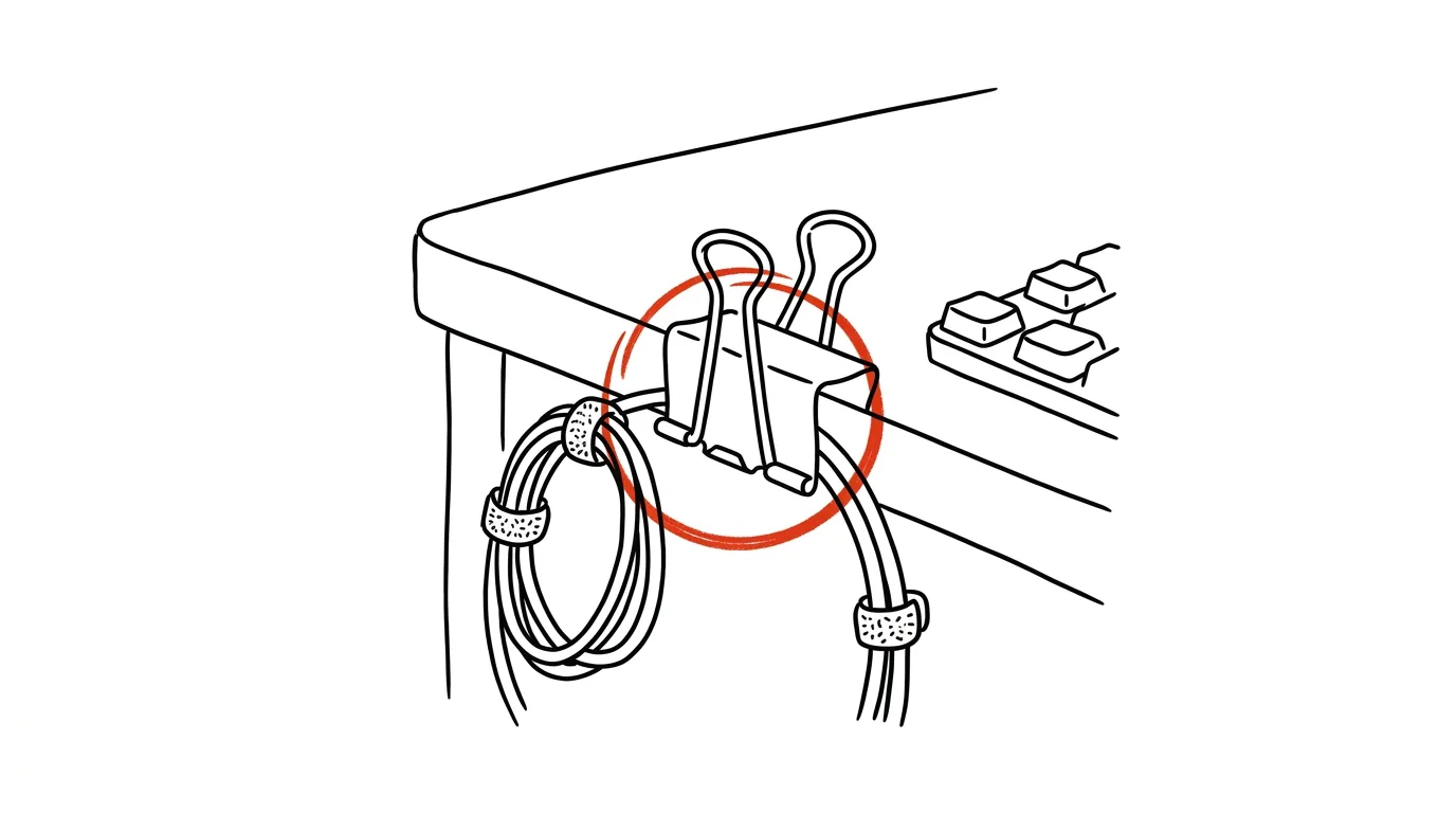 Illustration for: Cable order in a minute: a clip on the edge of the desk