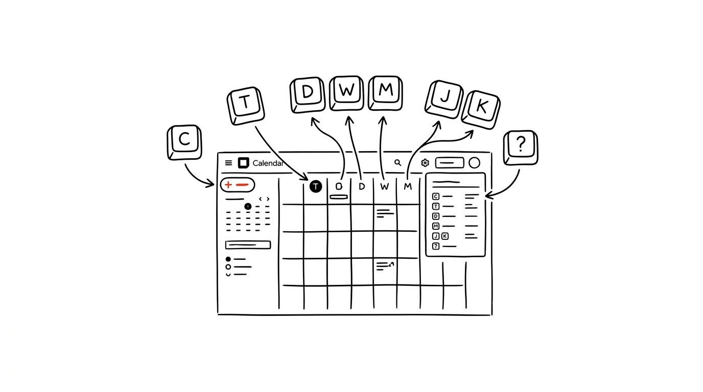 Illustration for: Google Calendar from the keyboard: C creates an event, T jumps to today