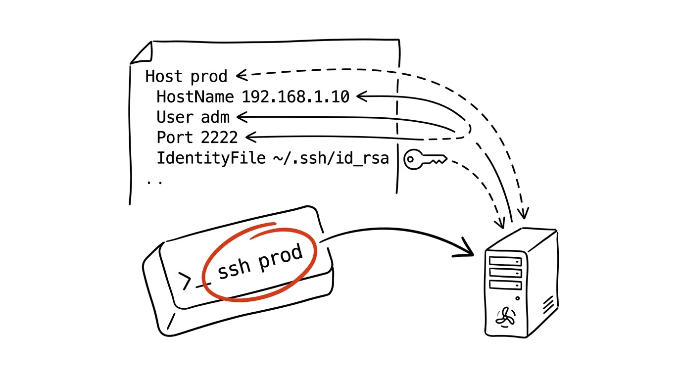 Illustration for: SSH config: type “ssh prod” instead of an IP address and flags