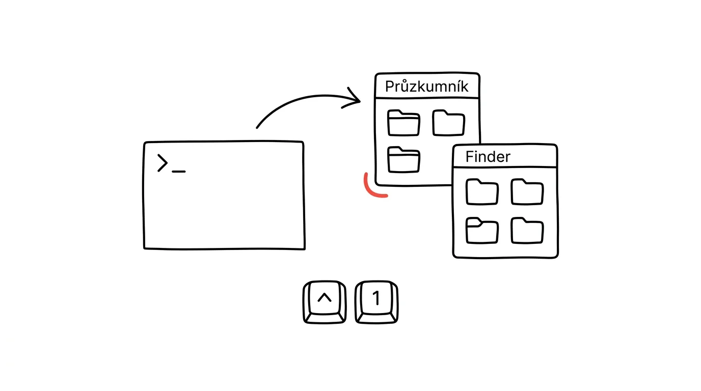 Illustration for: From the terminal to File Explorer or Finder: open . and explorer.exe .