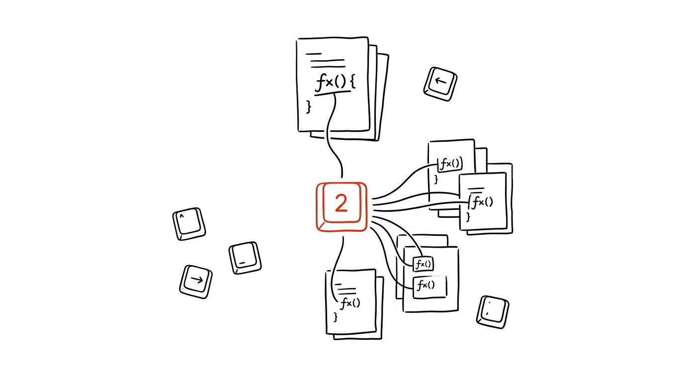 Illustration for: F2 renames a function across the whole project — no searching, no replacing